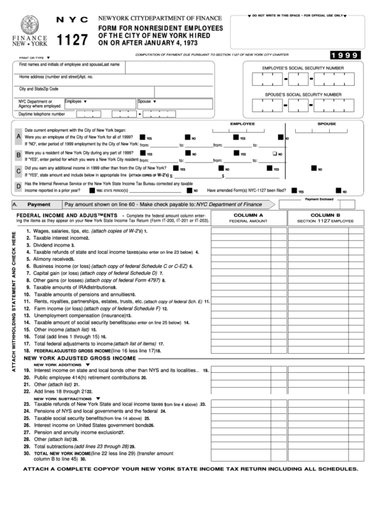 Form Nyc-1127 - Form For Nonresident Employees Of The City Of New York Hired On Or After January 4, 1973 - 1999 Printable pdf