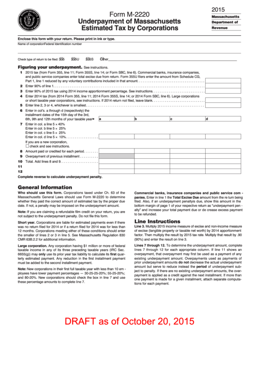 Form M-2220 Draft - Underpayment Of Massachusetts Estimated Tax By Corporations - 2015 Printable pdf