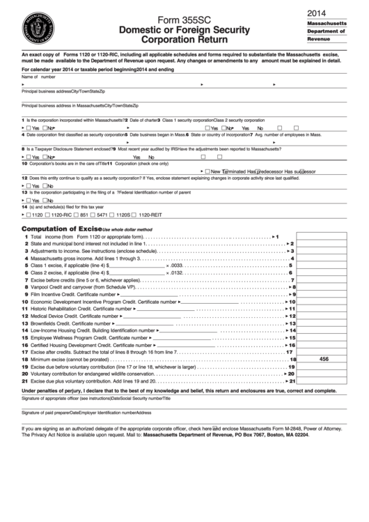Form 355sc Draft - Domestic Or Foreign Security Corporation Return - 2014 Printable pdf