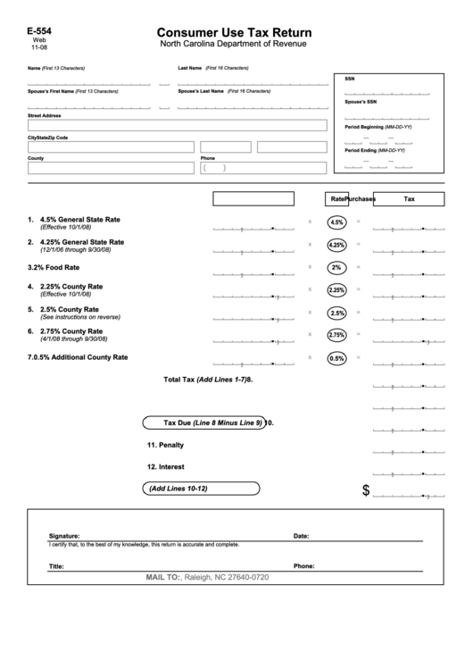 Form E-554 - Consumer Use Tax Return - North Carolina Department Of Revenue Printable pdf