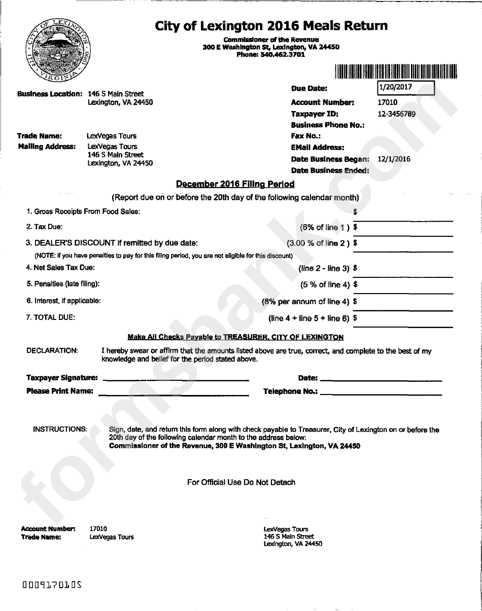 Meals Return - Comissioner Of The Revenue - City Of Lexington - 2016