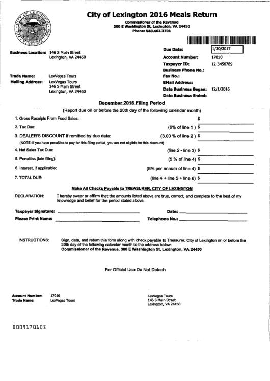 Meals Return - Comissioner Of The Revenue - City Of Lexington - 2016 Printable pdf