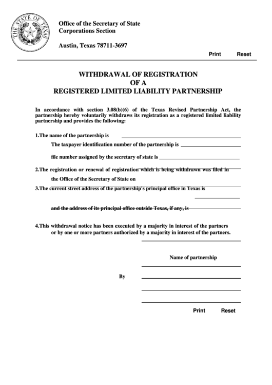 Fillable Withdrawal Of Registration Of A Registered Limited Liability Partnership - Texas Secretary Of State Printable pdf