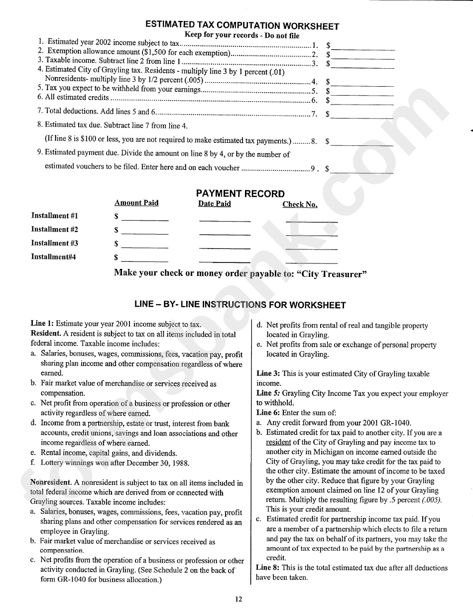 Form Gr-1040es - City Of Grayling Estimated Individual Income Tax Voucher - Income Tax Division