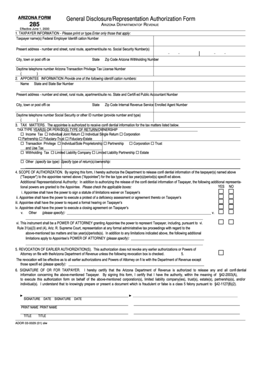 Form 285 - General Disclosure/representation Authorization Form - Arizona Department Of Revenue Printable pdf