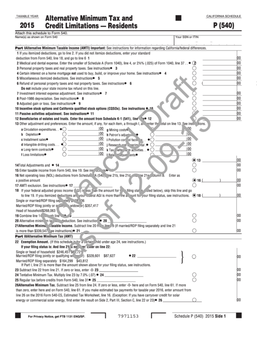 California Schedule P(540) Draft - Alternative Minimum Tax And Credit Limitations - Residents - 2015 Printable pdf
