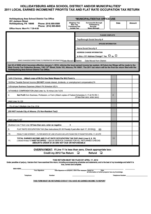 2011 Local Earned Income/net Profits Tax And Flat Rate Occupation Tax Return - Hollidaysburg Area School District Tax Office Printable pdf