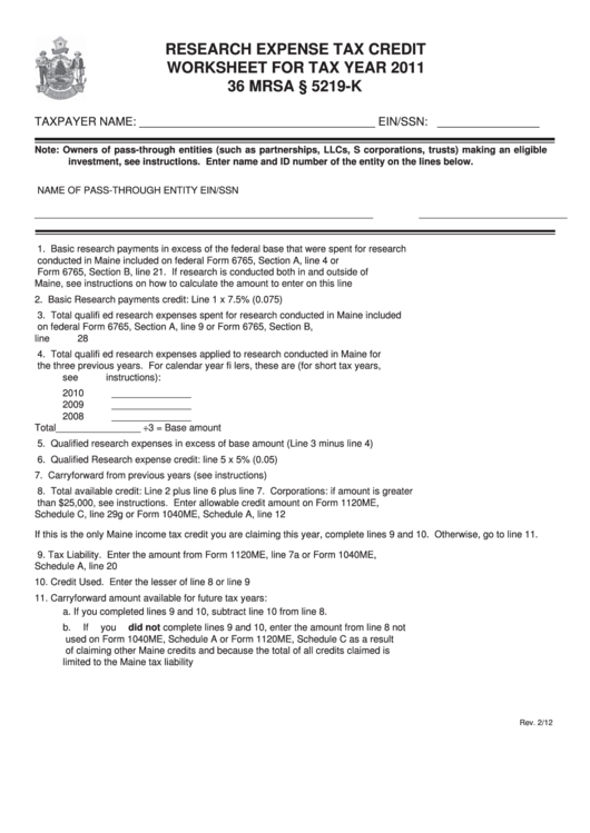 Research Expense Tax Credit Worksheet For Tax Year - 2011 Printable pdf