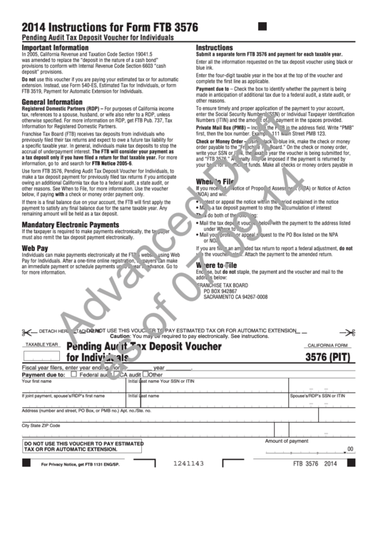 California Form 3576(Pit) Draft - Pending Audit Tax Deposit Voucher For Individuals - 2014 Printable pdf
