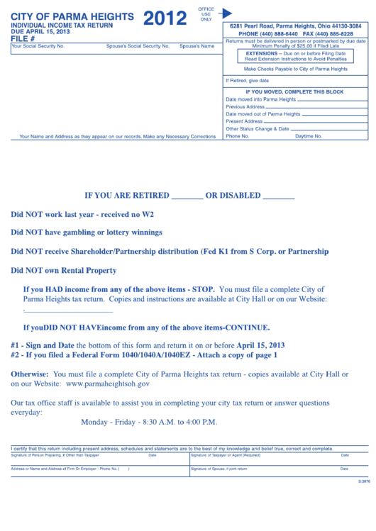 Form S:3976 - Individual Income Tax Return - City Of Parma Heights - 2012 Printable pdf