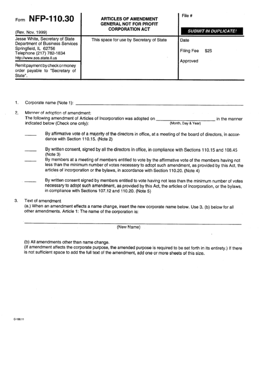 Form Nfp-110.30 - Articles Of Amendment General Not For Profit Corporation Act - Illinois Secretary Of State Printable pdf