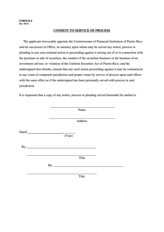 Fillable Form R-6 - Consent To Service Of Process - Corporate Acknowledgement - Individual Or Partnership Acknowledgement Printable pdf