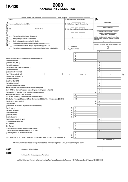 Form K-130 - Kansas Privilege Tax - 2000 Printable pdf