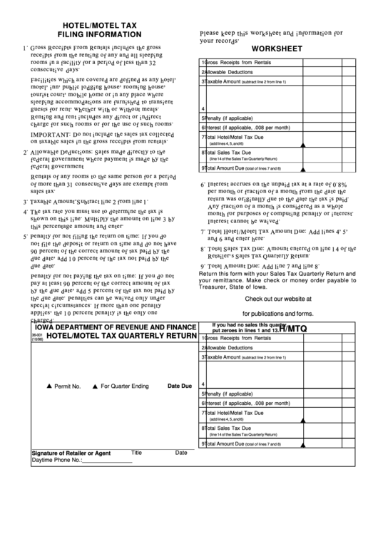 Fillable Form 36-001 (H/mtq) - Hotel/motel Tax Quarterly Return Printable pdf