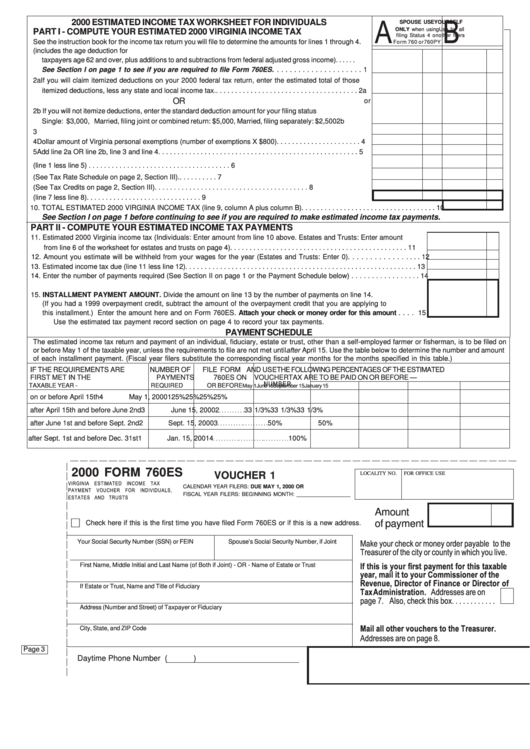 Download Form 760es - Estimated Income Tax Worksheet For Individuals - 2000 printable pdf download