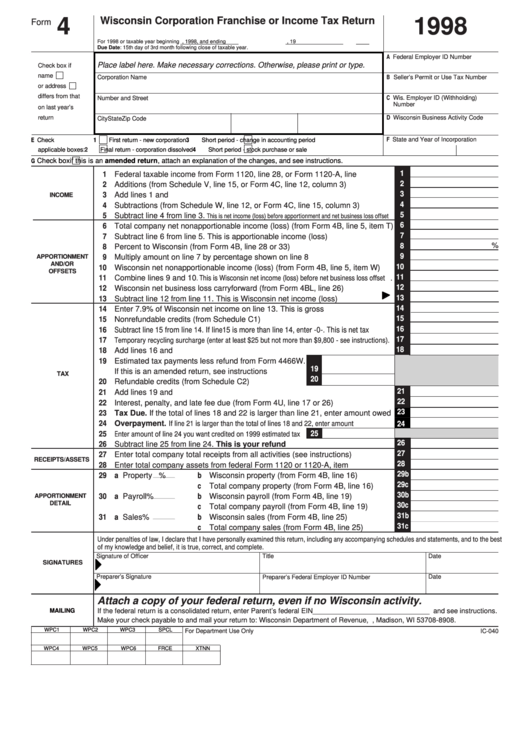 Fillable Form 4 - Wisconsin Corporation Franchise Or Income Tax Return - 1998 Printable pdf