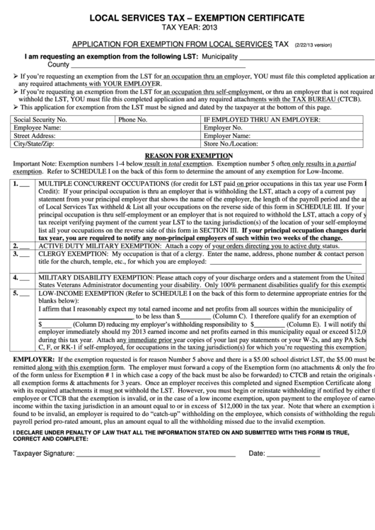 Local Services Tax - Exemption Certificate - Pennsylvania Capital Tax Collection Bureau - 2013 Printable pdf