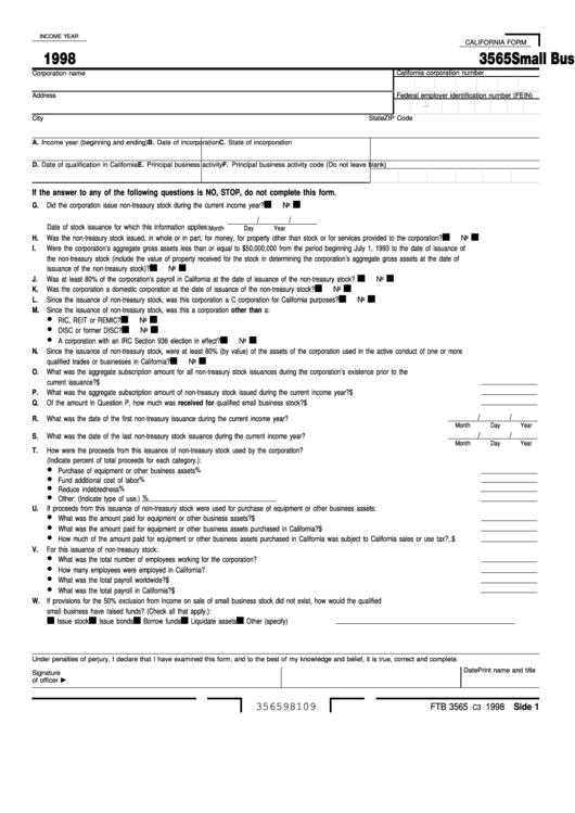 Fillable California Form 3565 - Small Business Stock Questionnaire - 1998 Printable pdf