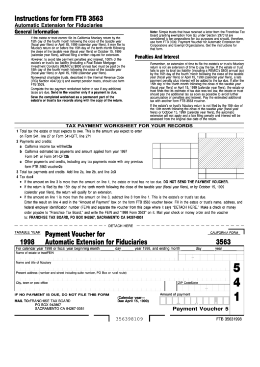 Fillable California Form 3563 - Payment Voucher For Automatic Extensions For Fiduciaries - 1998 Printable pdf
