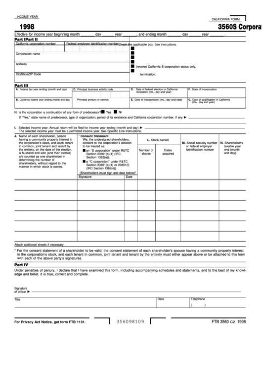 Fillable California Form 3560 - S Corporation Election Or Termination/revocation - 1998 Printable pdf