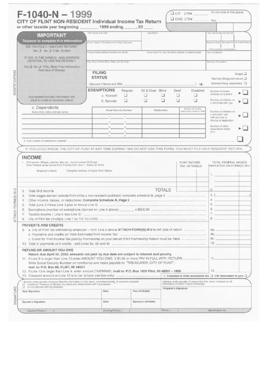 Form F-1040-N - Individual Income Tax Return - 1999 Printable pdf