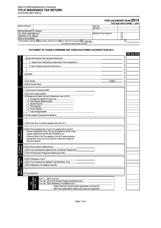 Form Cdi Fs-003 - Title Insurance Tax Return - 2013 Printable pdf