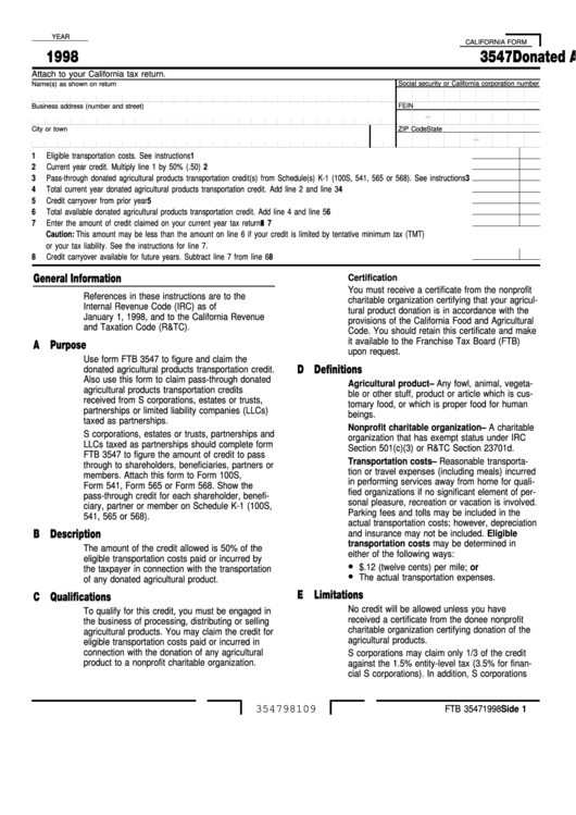 Fillable California Form 3547 - Donated Agricultural Products Transportation Credit - 1998 Printable pdf