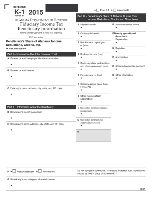 Form 41 - Schedule K-1 - Fiduciary Income Tax Beneficiary Information - 2015 Printable pdf