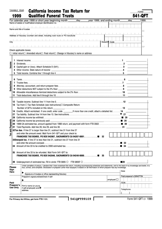 Form 541-Qft - California Income Tax Return For Qualified Funeral Trusts - 1999 Printable pdf