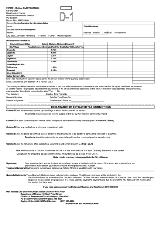 Form D1 - Declaration Of Estimated Tax - 2000 Printable pdf