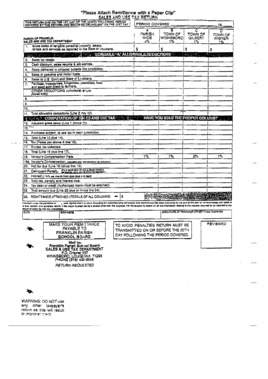Sales And Use Tax Return - Winnsboro, Louisiana - 1999 Printable pdf