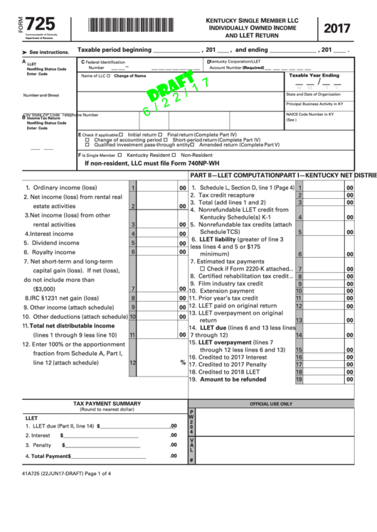 Form 725 Draft - Kentucky Single Member Llc Individually Owned Income And Llet Return - 2017 Printable pdf