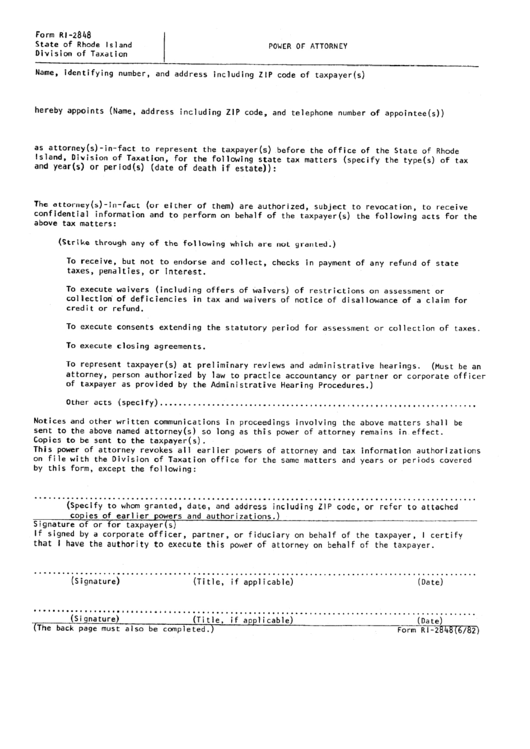 Fillable Form Ri-2848 - Power Of Attoney - 1982 Printable pdf