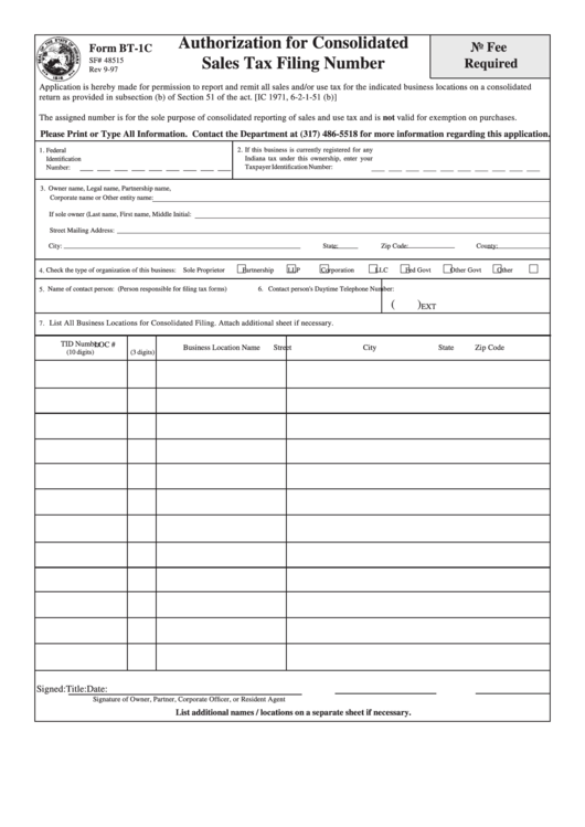 Form Bt-1c - Authorization For Consolidated Sales Tax Filing Number - 1997 Printable pdf