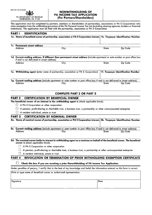 Fillable Form Rev-291 Ex - Nonwithholding Of Pa Income Tax Application - 1992 Printable pdf