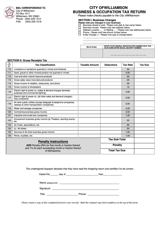 City Of Williamson Business & Occupation Tax Return Printable pdf