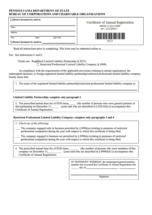 Fillable Form Dscb:15-8221/8998 - Certificate Of Annual Registration - 2016 Printable pdf