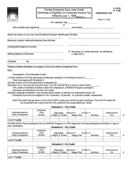 Form F-1157z - Certificate Of Eligibility For Corporate Income Tax Printable pdf