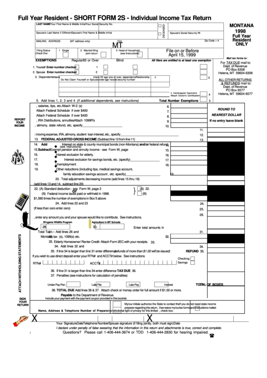 Fillable Short Form 2s - Individual Income Tax Return - Full Year Resident - 1998 Printable pdf