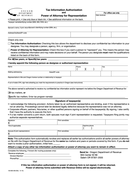 Fillable Form 150-800-005 - Tax Information Authorization And Power Of Attorney For Representation - 2015 Printable pdf