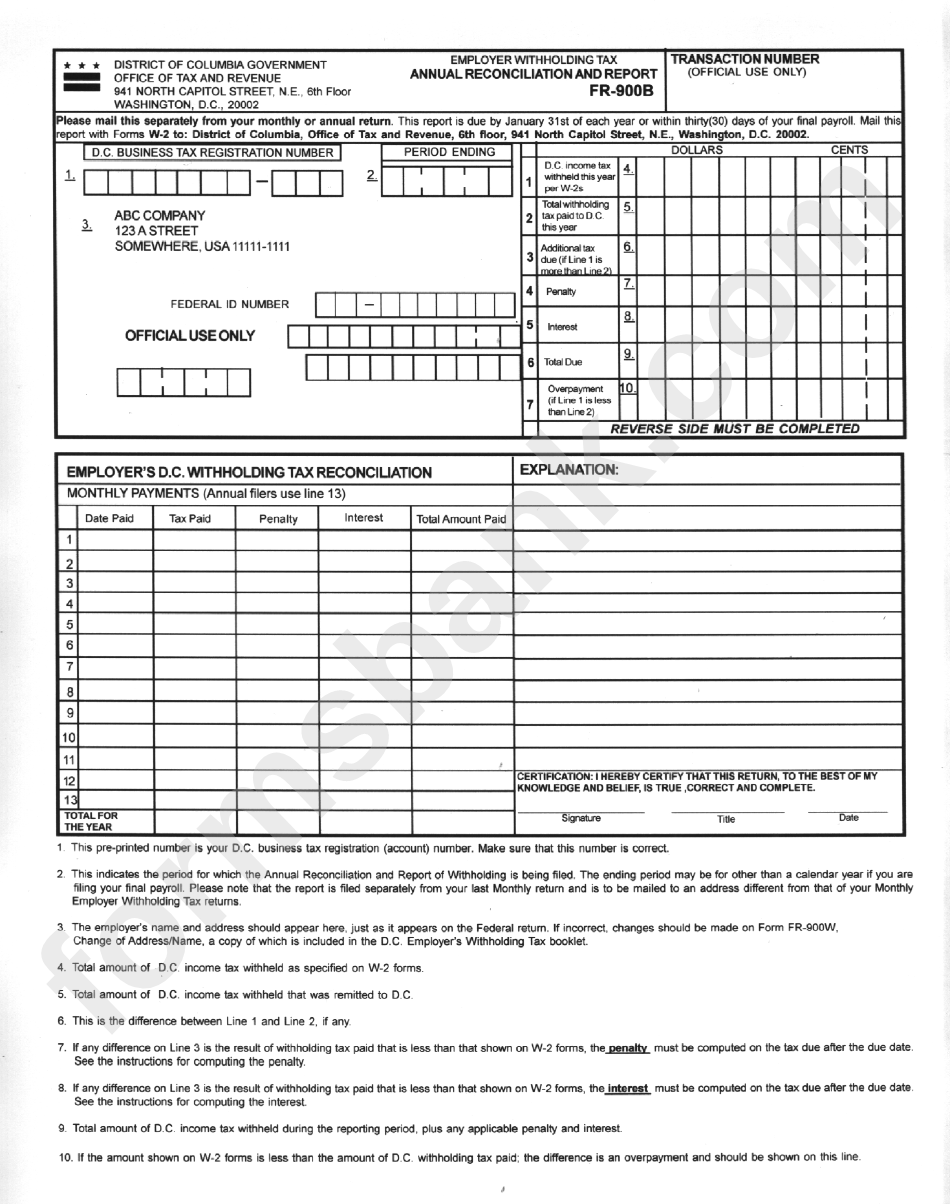 Form Fr-900b - Annual Reconciliation And Report - Employer Withholding Tax - 1999