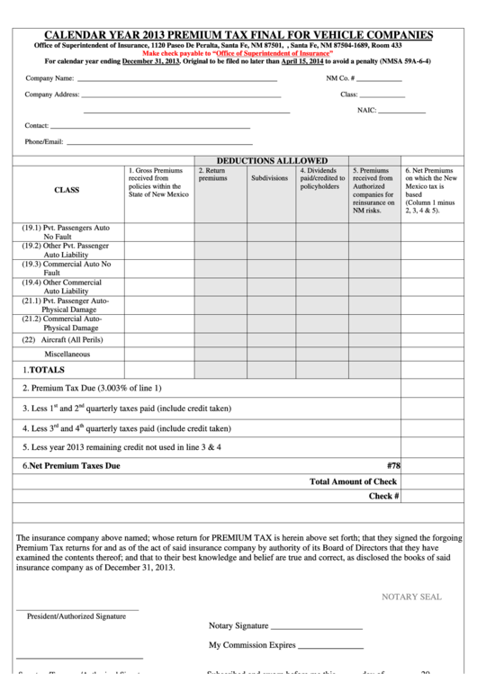 Fillable Form 303 - Premium Tax Final For Vehicle Companies - 2013 Printable pdf