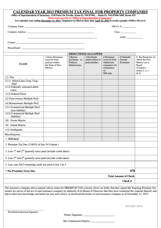 Fillable Form 302 - 2013 Premium Tax Final For Property Companies - 2014 Printable pdf