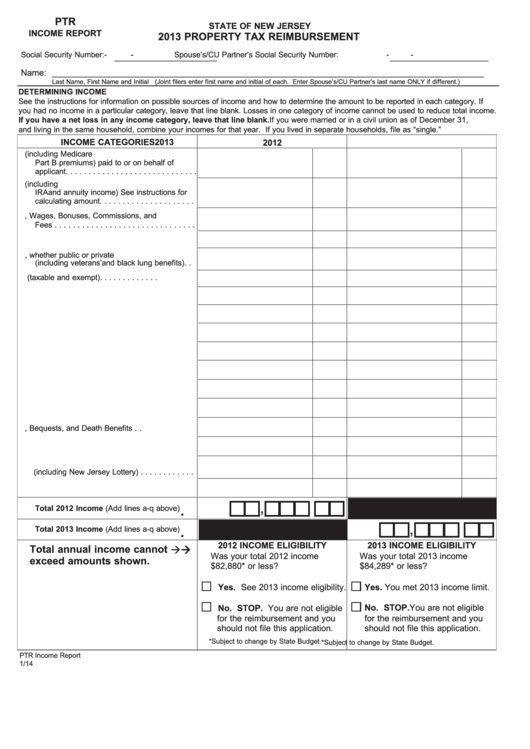 Fillable Form Ptr Income Report - Property Tax Reimbursement - 2013 Printable pdf