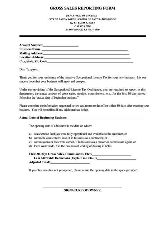 Gross Sales Reporting Form - City Of Baton Rouge Printable pdf