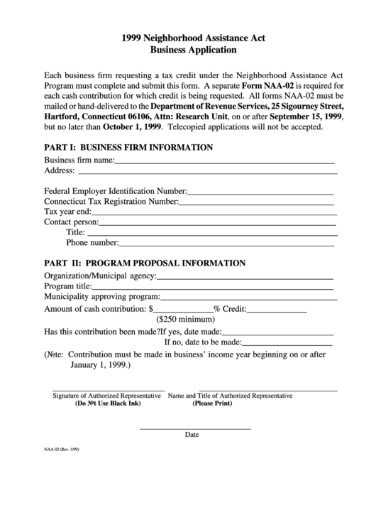 Form Naa-02 - Neighborhood Assistance Act Business Application - 1999 Printable pdf