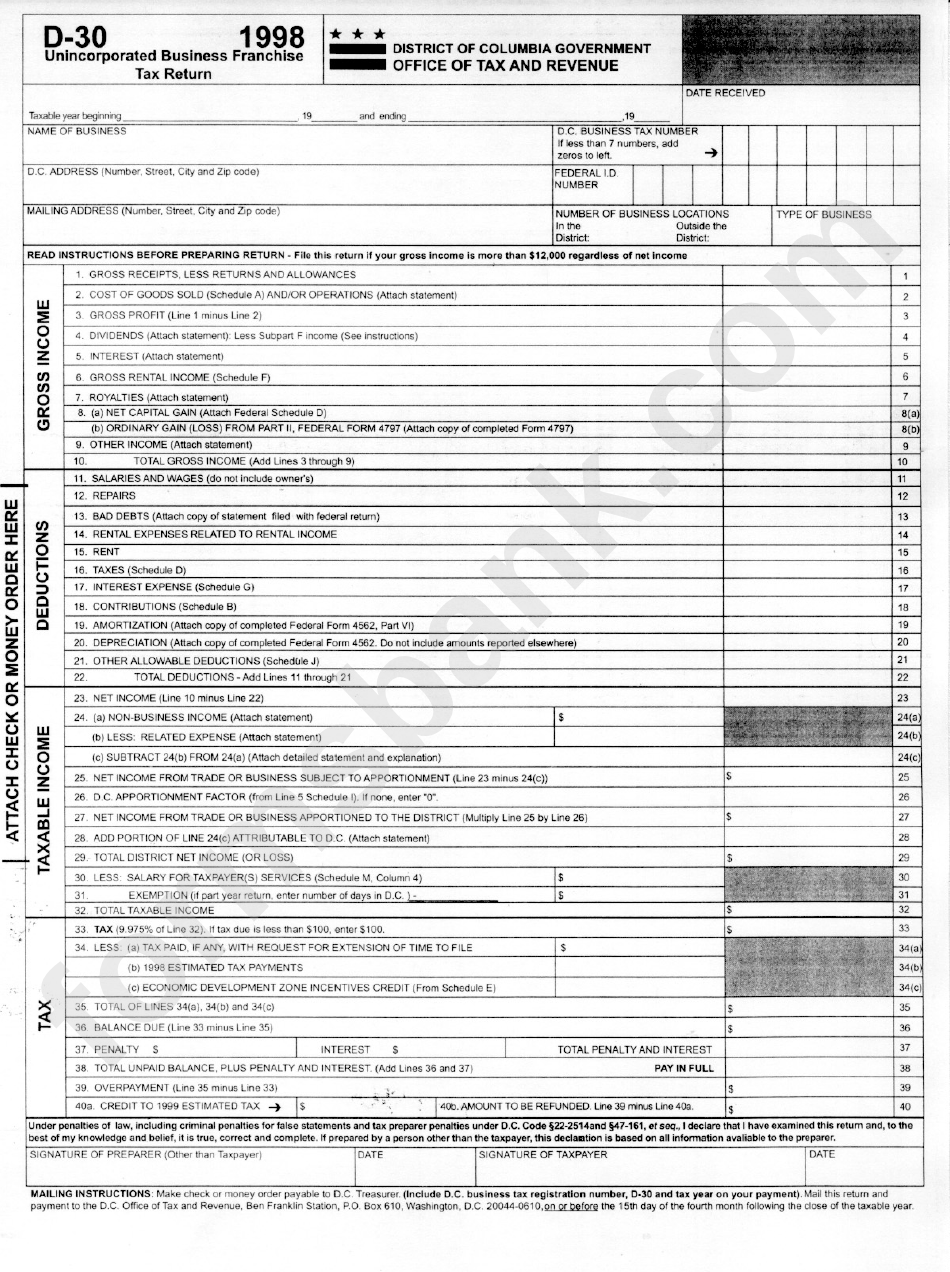Form D-30 - Unincorporated Business Franchise Tax Return - 1998