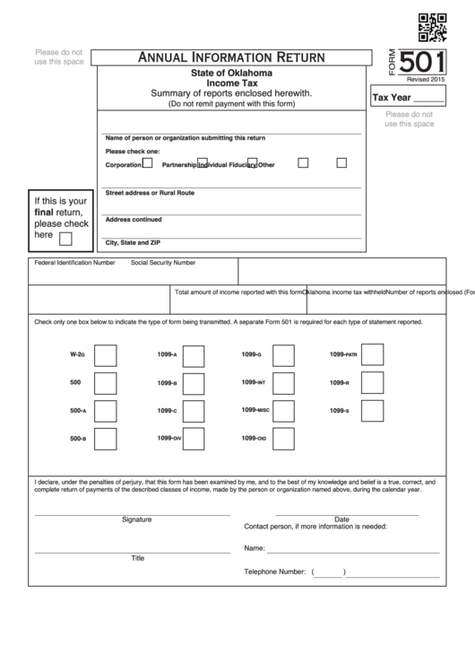 Fillable Form 501 - Annual Information Return - 2015 Printable pdf