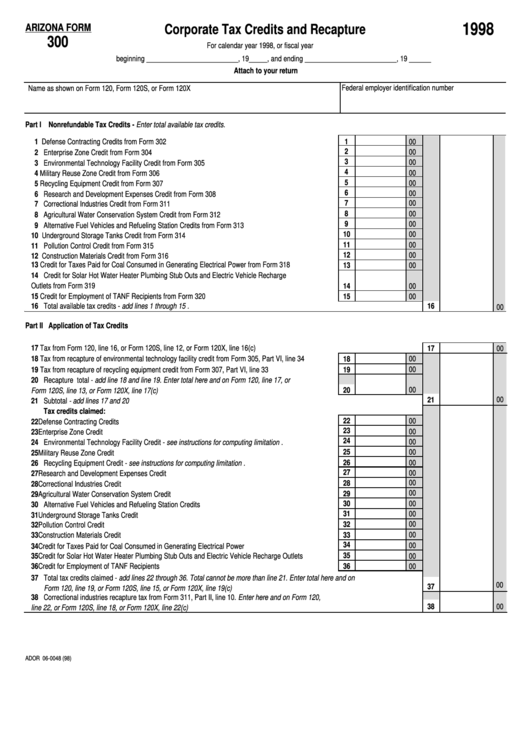 Fillable Arizona Form 300 - Corporate Tax Credits And Recapture - 1998 Printable pdf