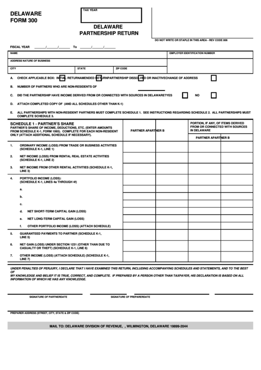 Fillable Delaware Form 300 - Delaware Partnership Return - 1996 Printable pdf